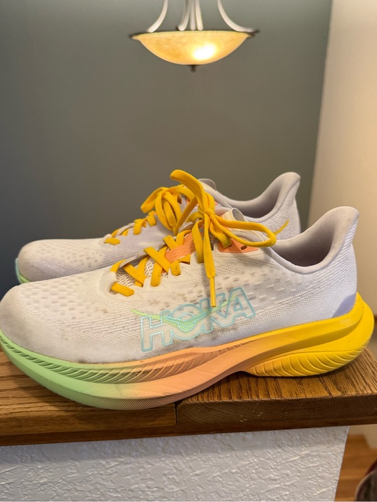 Hoka Shoes - Hoka White Running Shoes with Yellow Laces & Pastel Gradient Midsole